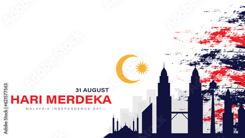 Malaysia independence day background with grunge distressed flag and building symbol illustration