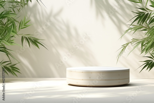 Minimalist podium, bamboo tree in sunlight, leaf shadow in blank white concrete wall for modern luxury organic beauty, cosmetic, skincare, nature, fashion product display background. Generative AI