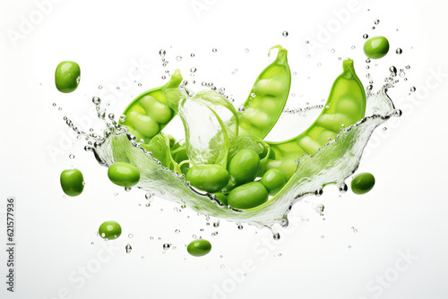 fresh peas falling in pure water on white background. (ai generated)