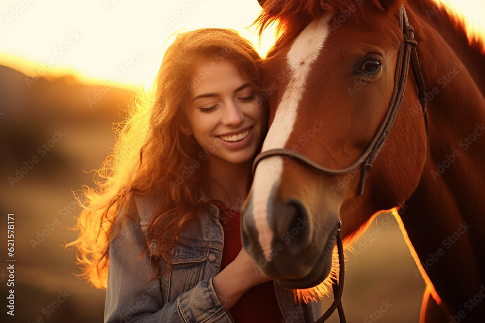 Obraz premium a young happy woman touching a horse with Generative AI