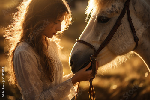 a young happy woman touching a horse with Generative AI