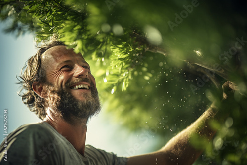 a happy man is thinning and trimming tree with Generative AI