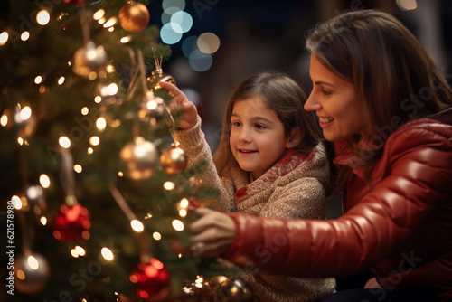 a happy young girl and her mother decorating a christmas tree with a star with Generative AI