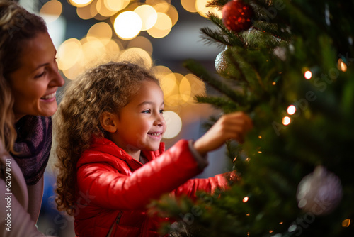 a happy young girl and her mother decorating a christmas tree with a star with Generative AI