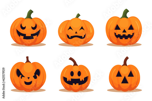 Set of halloween pumpkins, funny faces. autumn vacation. Beautiful pumpkins with emotions. Vector illustration.
