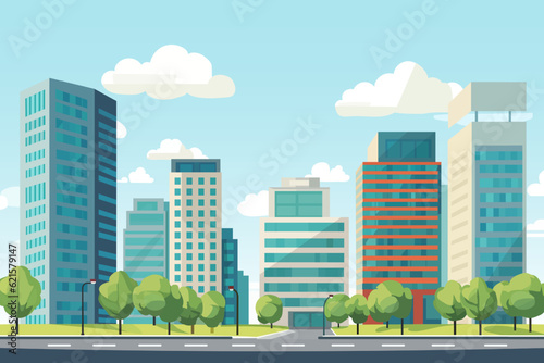 Cityscape with tall skyscrapers, office buildings and trees. Business district of the city. Vector illustration.