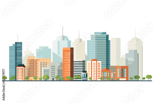 Cityscape with tall skyscrapers  buildings and green trees. Vector illustration.