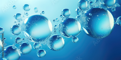 Pure effervescent vitality cosmetic refreshing hygiene or hydrogen blue energy studio shot of transparent carbonated blue gas bubbles under water