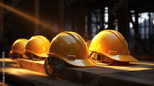image of yellow helmets on construction site laying on a table