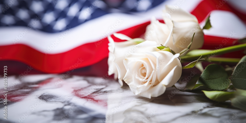 American Flag and White Roses on Marble Table for Memorial Day Stock ...