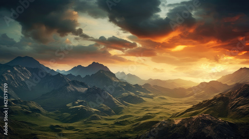 Dramatic sky over mountains at dusk in Kazakhstan