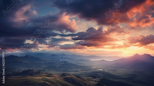 Dramatic sky over mountains at dusk in Kazakhstan