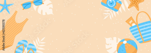 Horizontal summer banner with beach items frame on sand background and copy space. Vector illustration in flat style
