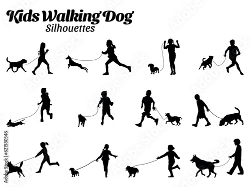 Set of vector silhouettes of child and dogs walking