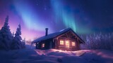 Log cabin in dense snowy landscapes with northern lights, beautiful aurora borealis with house and landscape in night sky. Winter nights with nordic lightning.