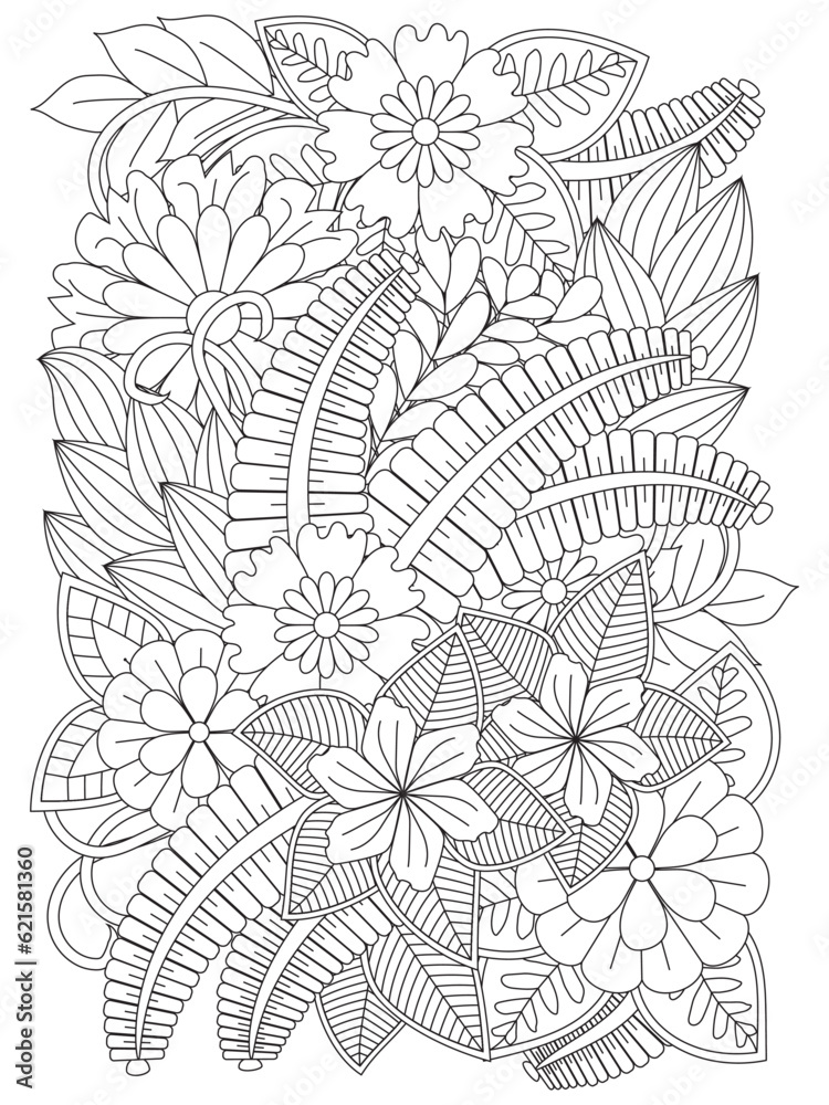 Vector coloring page of floral pattern. Doodle flowers for adult anti-stress book. Black and white flower pattern for coloring. Doodle floral drawing.  For adults and kids