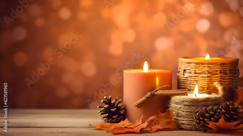 Autumn wooden background with candle, copy space, Generative AI 1 © Alina