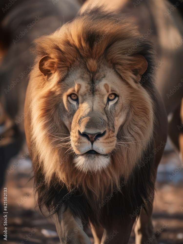 Majestic lion walking in savanna, sunset light, candid shot, vertical composition