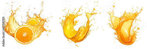 Orange juice splash isolated on transparent background, fruit juice crown splashes wave swirls drops, Shiny yellow liquid splashing fluids droplets, fresh drink, clear beverage, generative ai