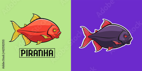 Piranha logo set, vector piranha mascot. Dangerous fish illustration. Cartoon piranha, vector sign, sticker and silhouette. Angry fish logotype and esports emblem for graphic design and animation