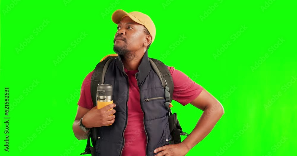 Confused, lost and travel with black man on green screen for hiking, backpacking and location. Search, frustrated and direction with person on studio background for adventure, vacation and navigation