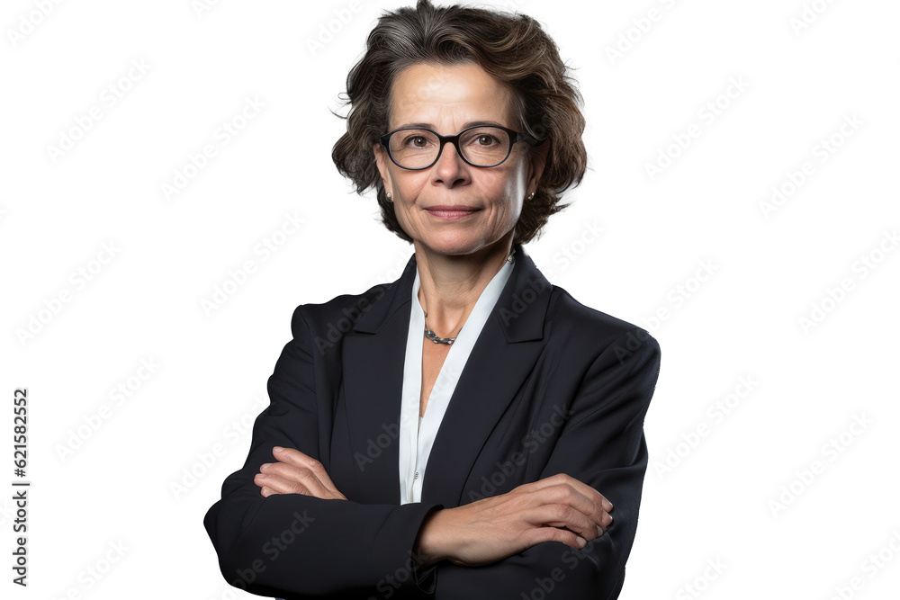A businesswoman stands confidently against a stark white transparent backdrop.  Generative AI