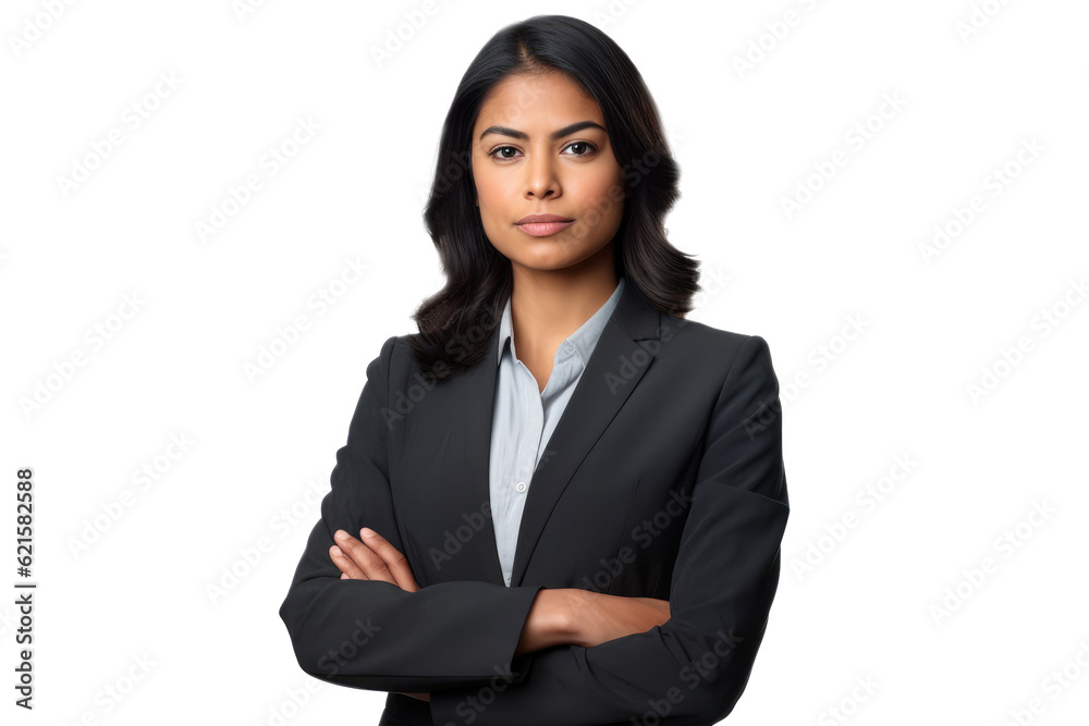 A businesswoman stands confidently against a stark white transparent backdrop. Generative AI A businesswoman stands confidently against a stark white transparent backdrop. Generative AI