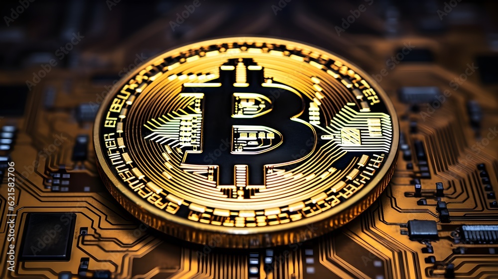 Bitcoin logo displayed on a physical golden coin Generative AI