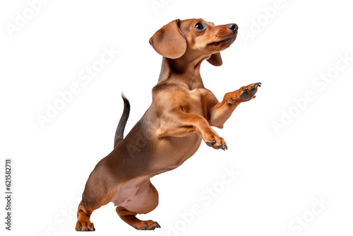 A playful dog with its tail in the air against a crisp white transparent background Fototapeta