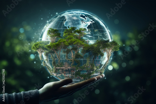 Foto Earth crystal glass globe ball and growing tree in human hand