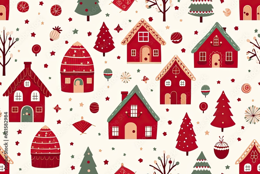 Naklejka premium Seamless Christmas background with red houses, trees, small details, on white