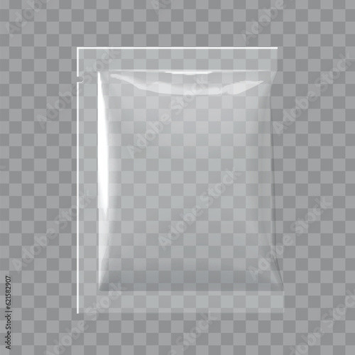 Realistic transparent Blank template Packaging Foil wet wipes Pouch Medicine. Food Packing Coffee, Salt, Sugar, Pepper, Spices, Sweets. Template For Mock up Your Design. vector illustration.