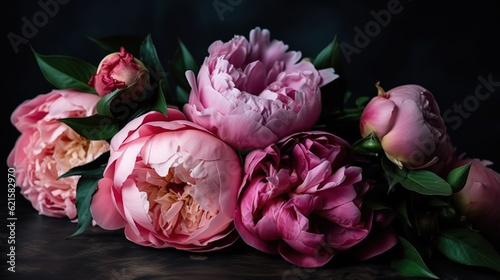 Bunch of pink peonies and roses. Generative Ai