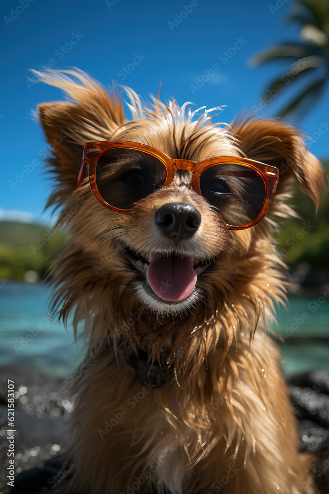 Adorable and cute smiling dog pet on vacation wearing sunglasses