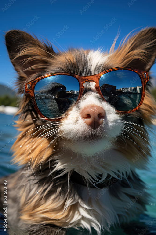 Adorable and cute smiling dog pet on vacation wearing sunglasses