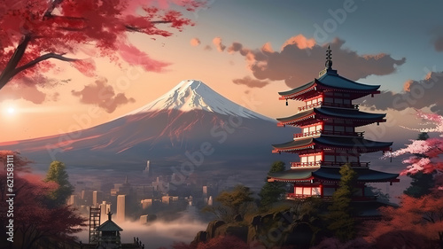 Chureito red pagoda with Japan Beautiful view of mountain Fuji background. Generative Ai
