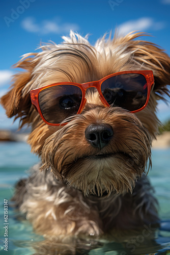 Adorable and cute smiling dog pet on vacation wearing sunglasses © Jeremy