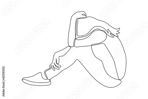 continuous line vector illustration of a woman who is sad depressed upset