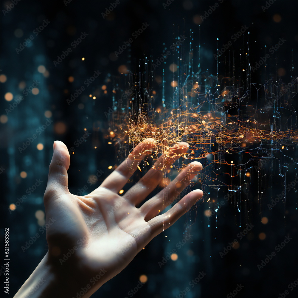 Hand touching digital data Hand touching digital data
