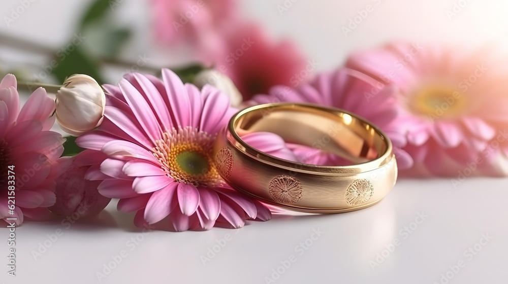 Pink flowers and two golden wedding rings on white background. Generative Ai Pink flowers and two golden wedding rings on white background. Generative Ai