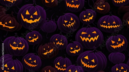 Spooky pumpkin face, festive Halloween celebration, orange and purple jack-o'-lanterns, seamless Halloween pattern