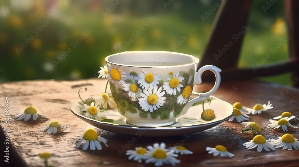 chamomile flowers in a cup,Chamomile Flowers In Teacup On Wooden Table In Garden. Generative Ai chamomile flowers in a cup,Chamomile Flowers In Teacup On Wooden Table In Garden. Generative Ai