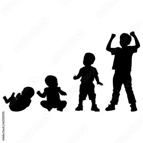 Vector illustration. Silhouette of growing up man from baby to old age. Many people of different ages in a row.