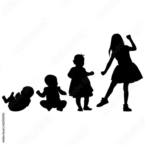 Vector illustration. Silhouette of growing up man from baby to old age. Many people of different ages in a row.