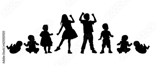 Vector illustration. Silhouette of growing up man from baby to old age. Many people of different ages in a row.
