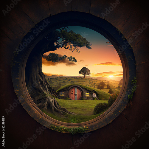 Hobbit hole in the sunset photo