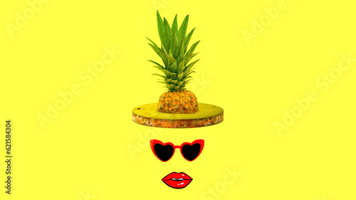 Summer girly hat made of pineapple with red heart shaped sunglasses and red lips against gradient yellow background. Original pineapple decoration. Creative summer idea. Woman face. Fruit concept.