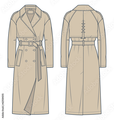 Trench Coat technical fashion Illustration. Classic Trench Coat fashion flat technical drawing template, midi length, double-breasted, pocket, front, back view, beige, women, men, unisex CAD mockup. photo