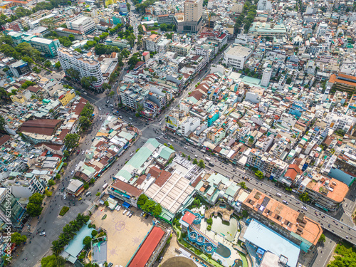 Aerial view of Ho Chi Minh City skyline and skyscrapers in center of heart business at Ho Chi Minh City downtown. Cityscape and many buildings, local houses