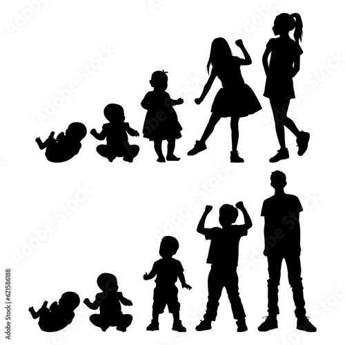 Vector illustration. Silhouette of growing up man from baby to old age. Many people of different ages in a row.
